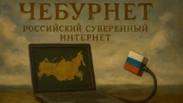 Laptop with map of Russia on screen and Russian flag connected via cable — symbol of sovereign internet before the massive outage on August 18, 2026