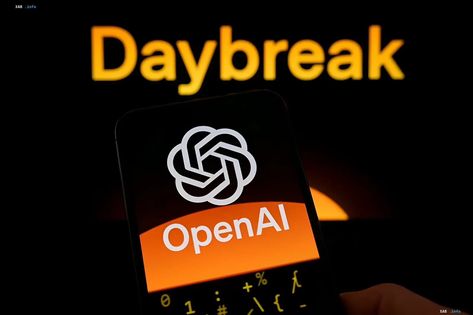 Смартфон с логотипом OpenAI на фоне размытой надписи Daybreak — визуализация инцидента с отключением доступа исследователей кибербезопасности к платформе Daybreak Blue