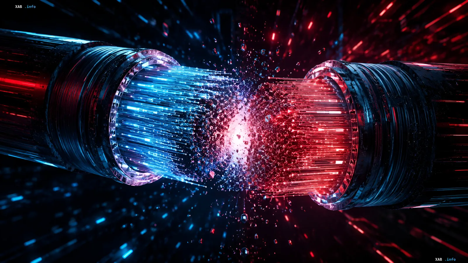 Riss in einem Glasfaserkabel mit rotem und blauem Licht, der einen massiven Internetausfall in Russland aufgrund eines Stromnetzausfalls symbolisiert