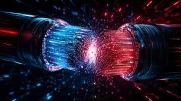 Riss in einem Glasfaserkabel mit rotem und blauem Licht, der einen massiven Internetausfall in Russland aufgrund eines Stromnetzausfalls symbolisiert