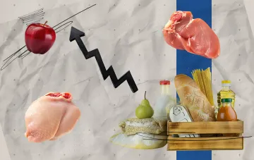 Инфографика роста цен на продукты в Украине: яблоко, курица, хлеб и макароны с восходящей стрелкой
