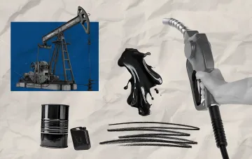 Kollage aus Ölpumpe, Tankstab und verschüttetem Kraftstoff – Symbol für das Risiko von Kraftstoff-Surrogaten auf dem ukrainischen Markt
