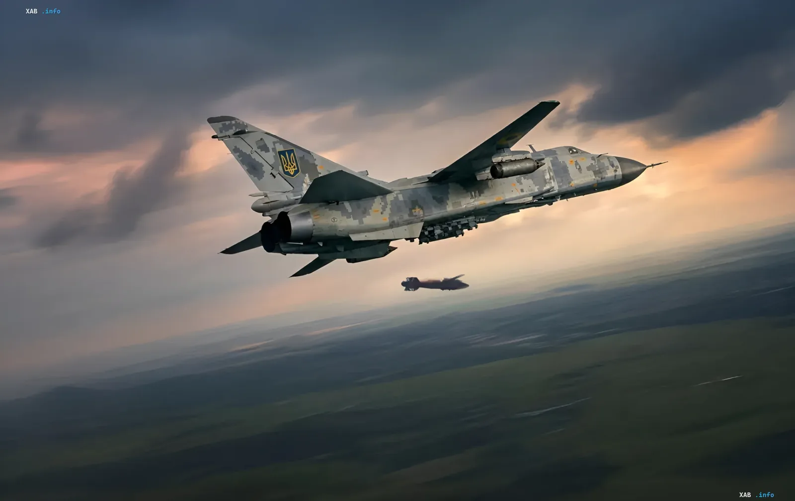 Су-25 ВВС Украины сбрасывает корректируемую авиационную бомбу (КАБ) на фоне заката, иллюстрируя эволюцию тактики применения авиации в 2026 году.