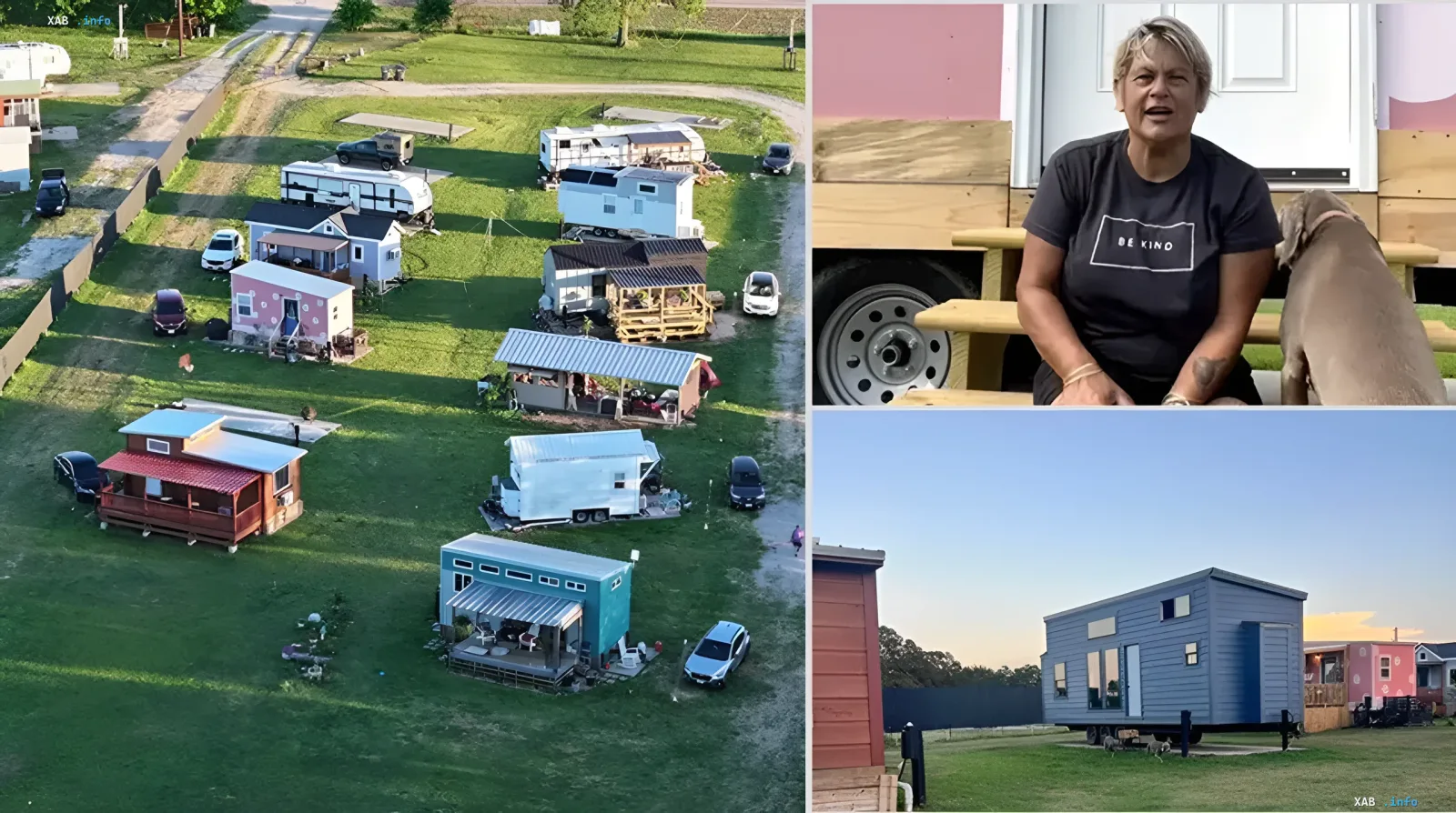Collage: Luftaufnahme eines Tiny-House-Dorfes in Texas, Porträt der Rentnerin-Gründerin und Foto eines Hauses — Projekt 'Vogelnest' für alleinstehende Frauen