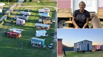 Collage: Luftaufnahme eines Tiny-House-Dorfes in Texas, Porträt der Rentnerin-Gründerin und Foto eines Hauses — Projekt 'Vogelnest' für alleinstehende Frauen