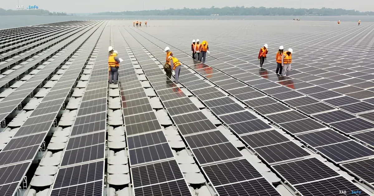 Arbeiterschutzwesten tragende Arbeiter warten Reihen von Solarmodulen auf einer großen Dachkraftwerk in Südostasien während der Energiekrise