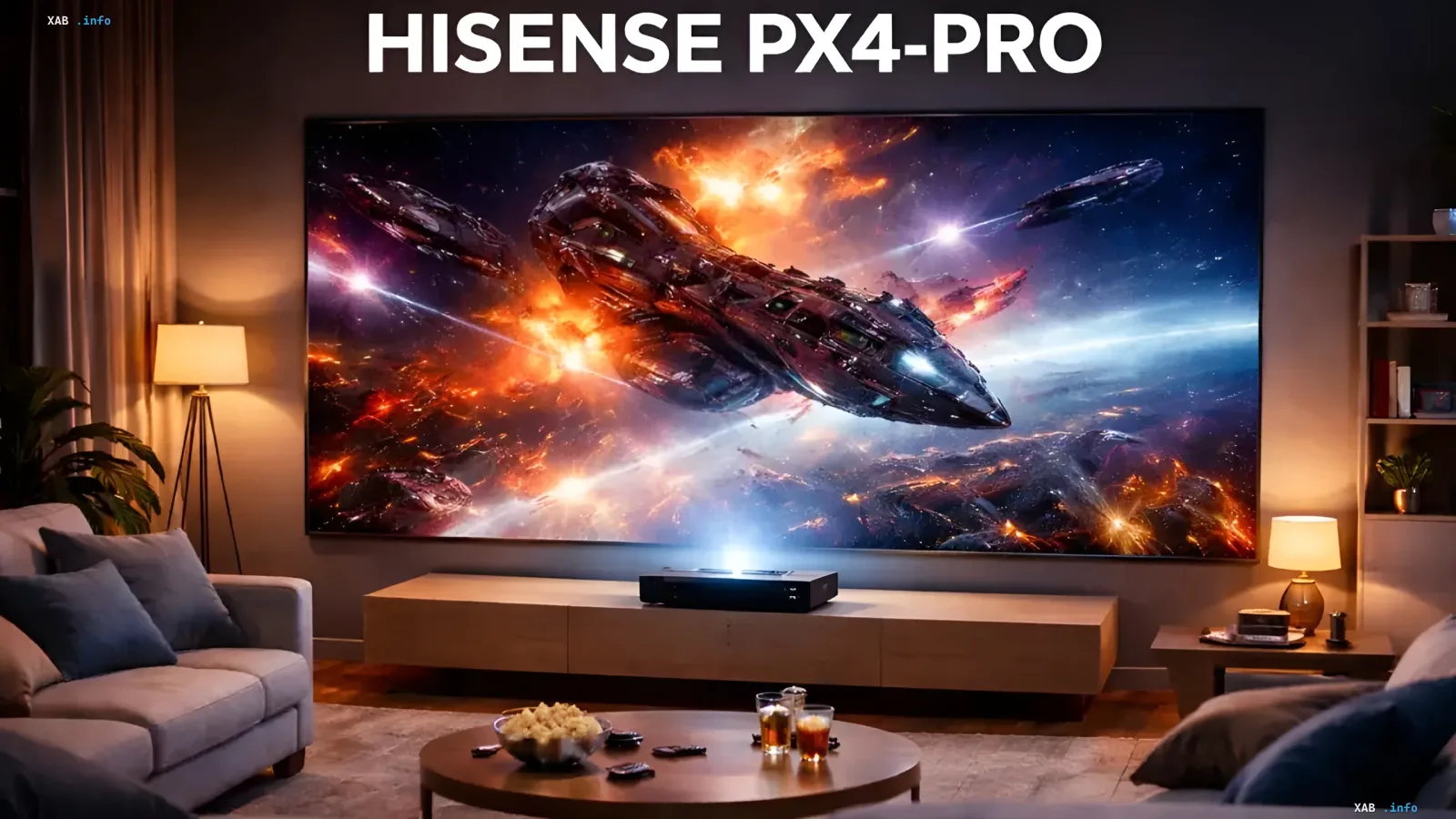 Hisense PX4 Pro Ultrakurzwerfer-Laserprojektor projiziert eine große Weltraumszene auf die Wohnzimmerwand und demonstriert einen Bildschirm bis zu 200 Zoll
