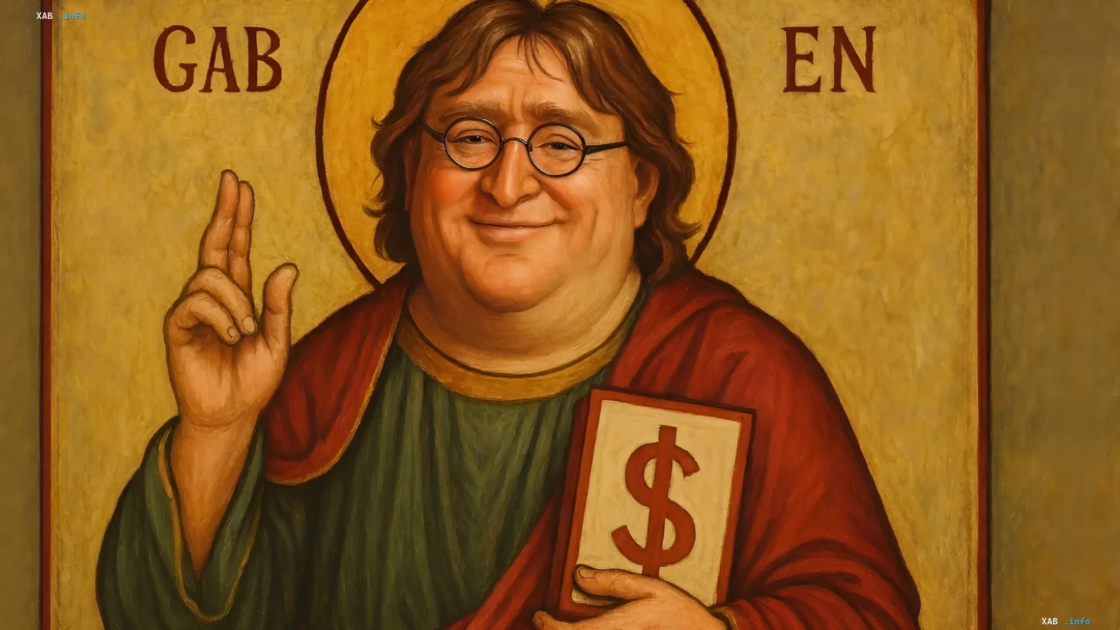 Икона Гэба Ньюэлла со знаком доллара — метафора экономики Steam и доходов разработчиков от платных игр