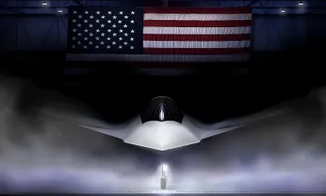 Geheimster sechster-Generation-Kampfjet F-47 in einer Halle unter der amerikanischen Flagge — Israel wird Zugang zu dem neuen Stealth-Jet bei den USA beantragen