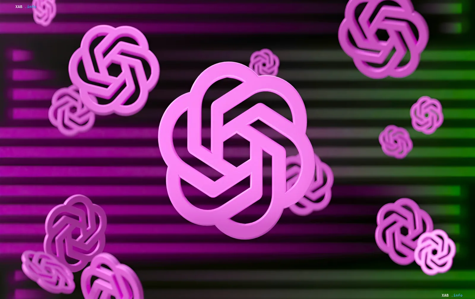 Фиолетовые 3D-логотипы OpenAI на неоновом фоне, символизирующие технологию Private Safety Processing для защиты данных