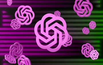 Фиолетовые 3D-логотипы OpenAI на неоновом фоне, символизирующие технологию Private Safety Processing для защиты данных