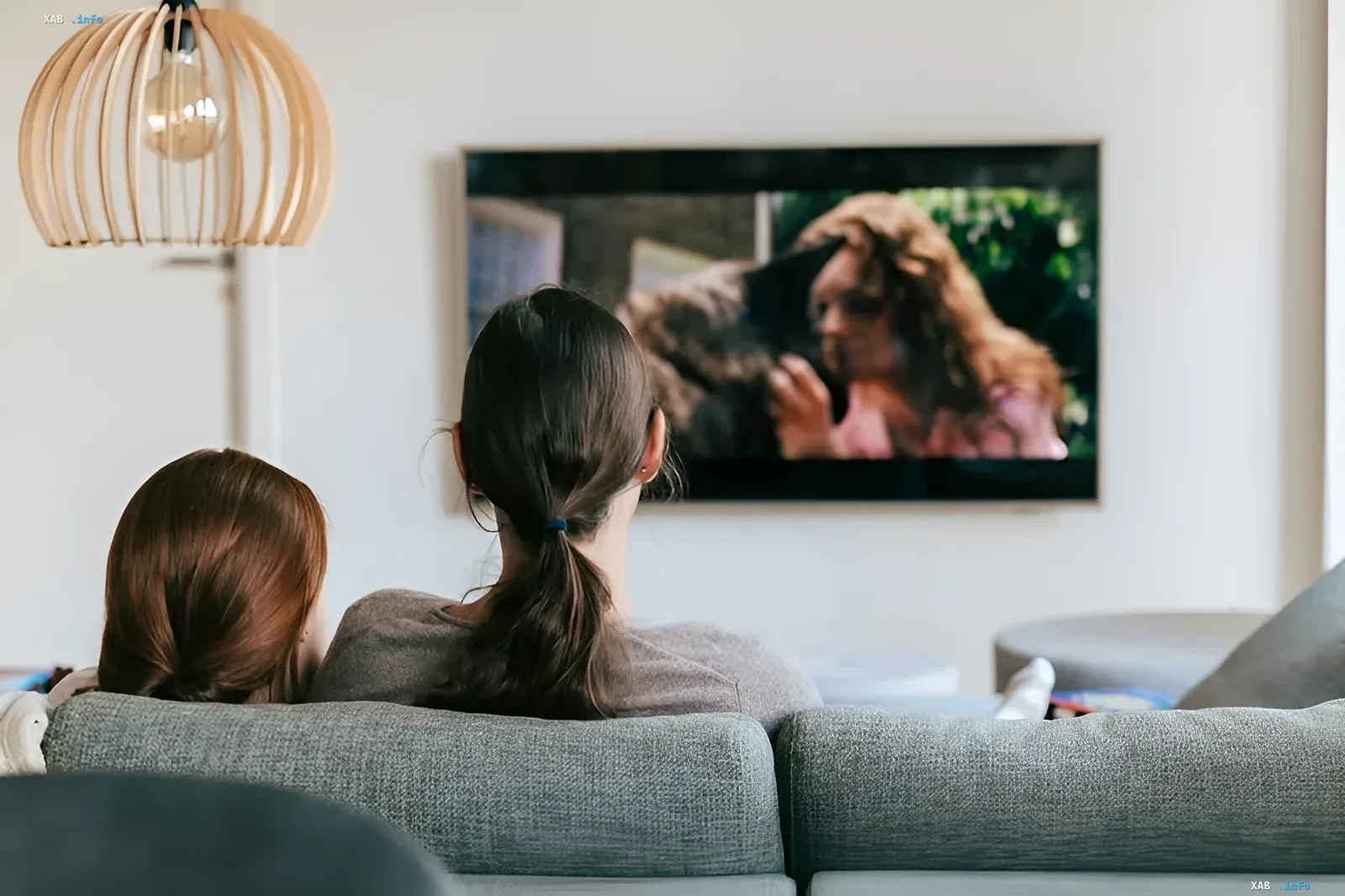 Zwei Frauen schauen einen Film auf einem Wandfernseher im Wohnzimmer — Illustration zur Meldung über den Anstieg des Film-Piraterie-Marktes in Russland