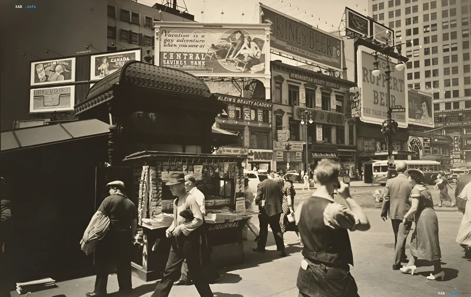 Ретро-фотография Таймс-сквер 1930-х годов с людьми в винтажной одежде и рекламными щитами — пример эпохи, где ищут визуальные аномалии в спорах о путешествиях во времени