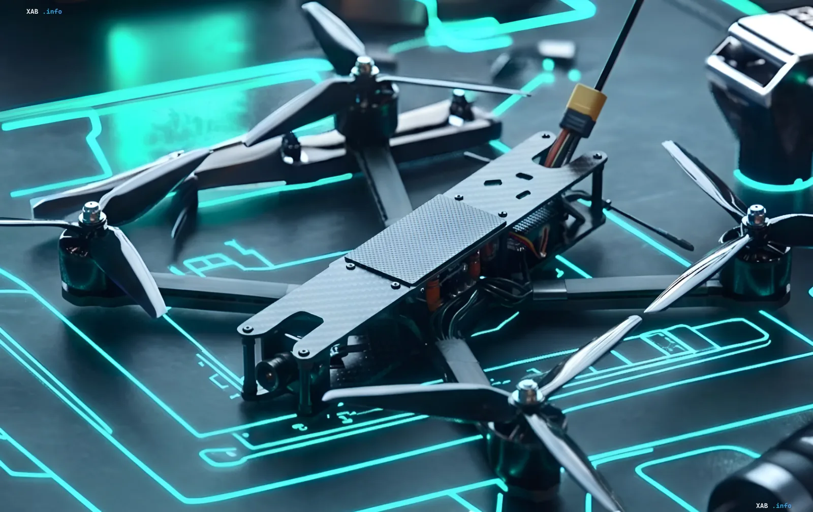 Кастомный FPV-дрон с карбоновой рамой и четырьмя винтами на фоне неоновой технологичной подсветки — пример военного беспилотника, заказываемого через платформу Brave1 Market
