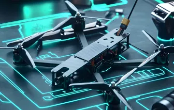Кастомный FPV-дрон с карбоновой рамой и четырьмя винтами на фоне неоновой технологичной подсветки — пример военного беспилотника, заказываемого через платформу Brave1 Market