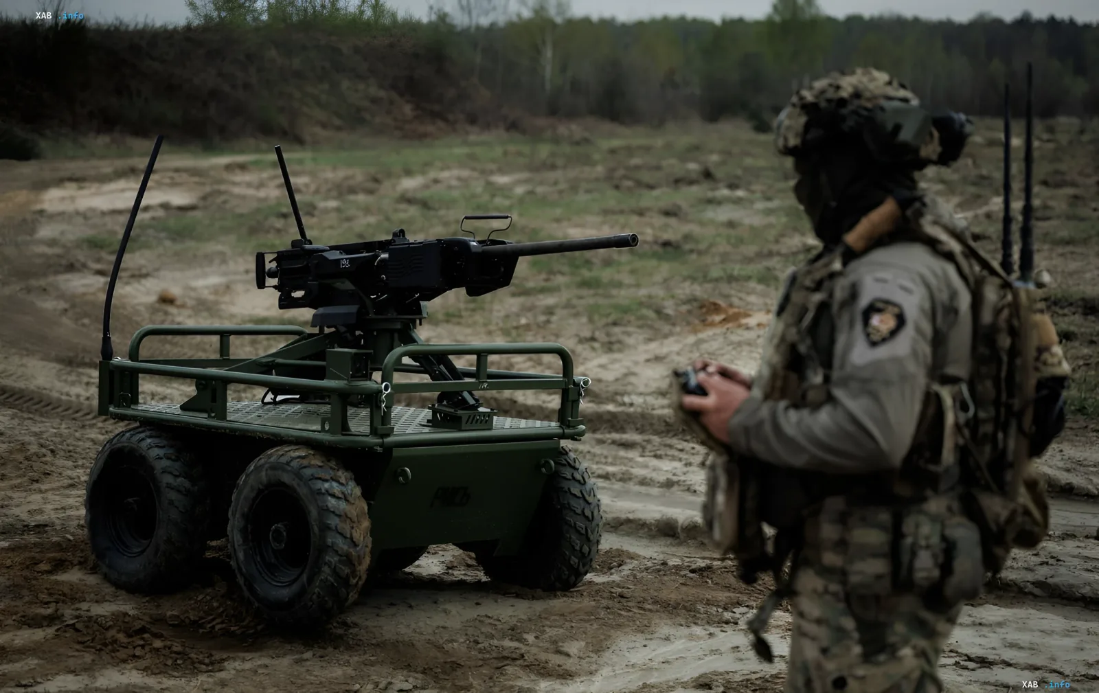 Боевой колёсный робот с пулемётом и оператором с пультом на фоне дефицита медицинских бронемашин на фронте Украины
