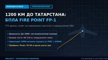 Инфографика БПЛА Fire Point FP-1: схема дрона с ТТХ — дальность до 1600 км, боевая часть 60-120 кг, навигация CRPA и DSMAC, полёт на высоте 30-60 м вдоль рек для обхода ПВО при ударе по Татарстану
