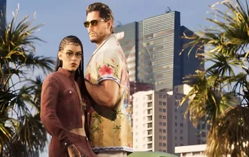 Утечка GTA 6 от хакеров CyberLeek: геймплейный кадр с двумя главными персонажами на фоне пальм и небоскрёбов Майами