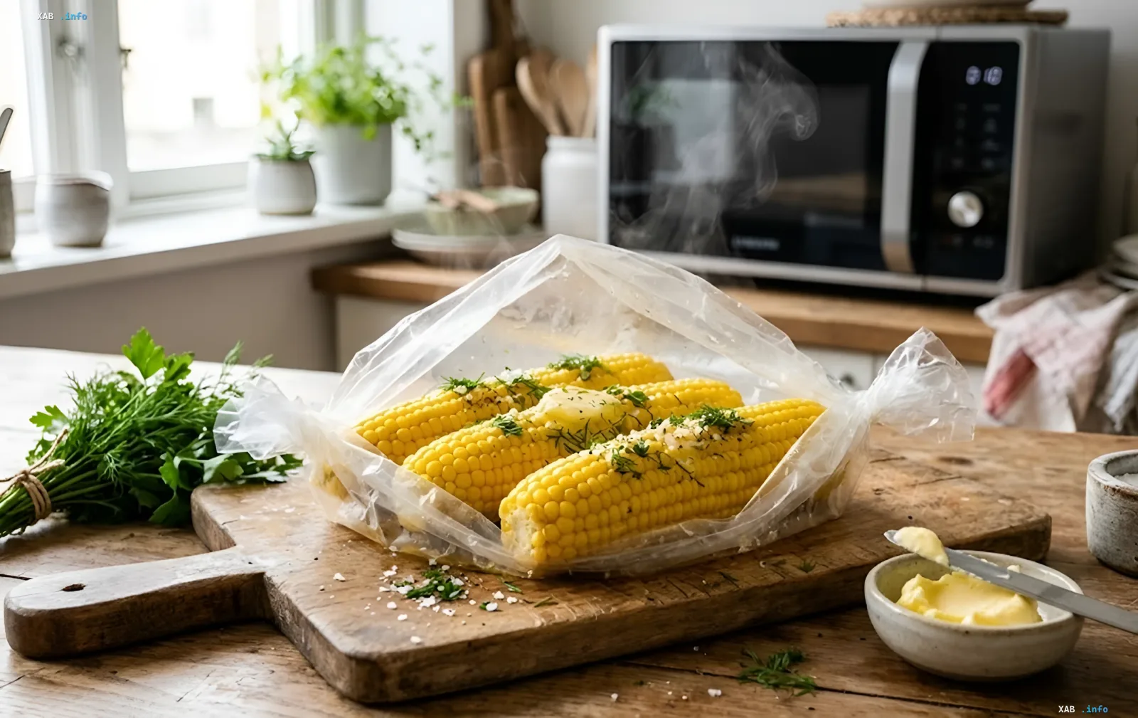Свежие початки кукурузы с маслом и зеленью в пакете на деревянной доске, рецепт приготовления в микроволновке за 10 минут от шефа Хименеса-Браво
