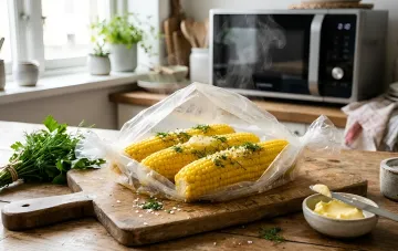 Свежие початки кукурузы с маслом и зеленью в пакете на деревянной доске, рецепт приготовления в микроволновке за 10 минут от шефа Хименеса-Браво