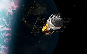 Космический аппарат Link с раскрытыми солнечными панелями на орбите Земли после потери управления, иллюстрация отменённой миссии NASA по спасению телескопа Swift