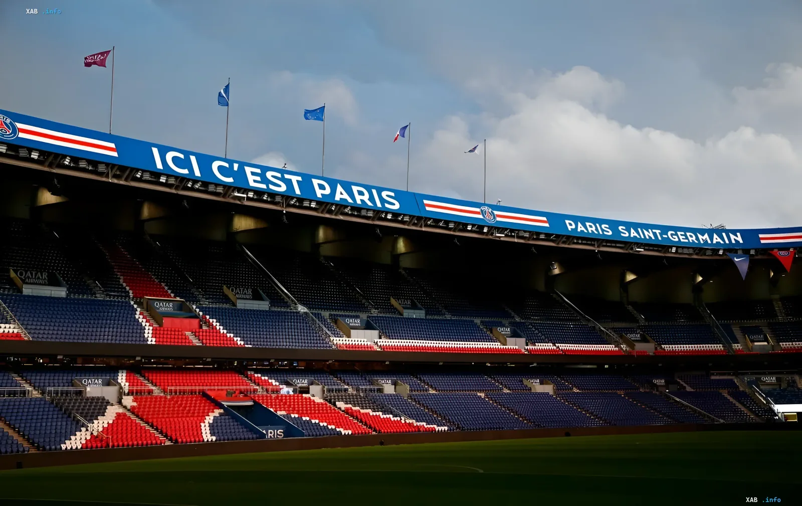 Стадион «Парк де Пренс» в Париже: трибуны ПСЖ с надписью ICI C'EST PARIS и повреждённый жарой газон, из-за которого матч Лиги 1 с «Ренном» перенесён в Бретань
