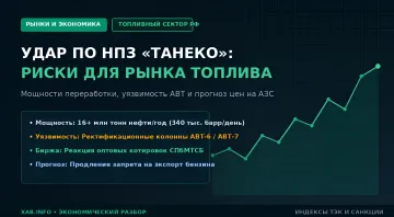 Инфографика об ударе по НПЗ «ТАНЕКО»: мощности переработки 16+ млн тонн нефти в год, уязвимость ректификационных колонн АВТ-6/АВТ-7 и риски для рынка топлива РФ