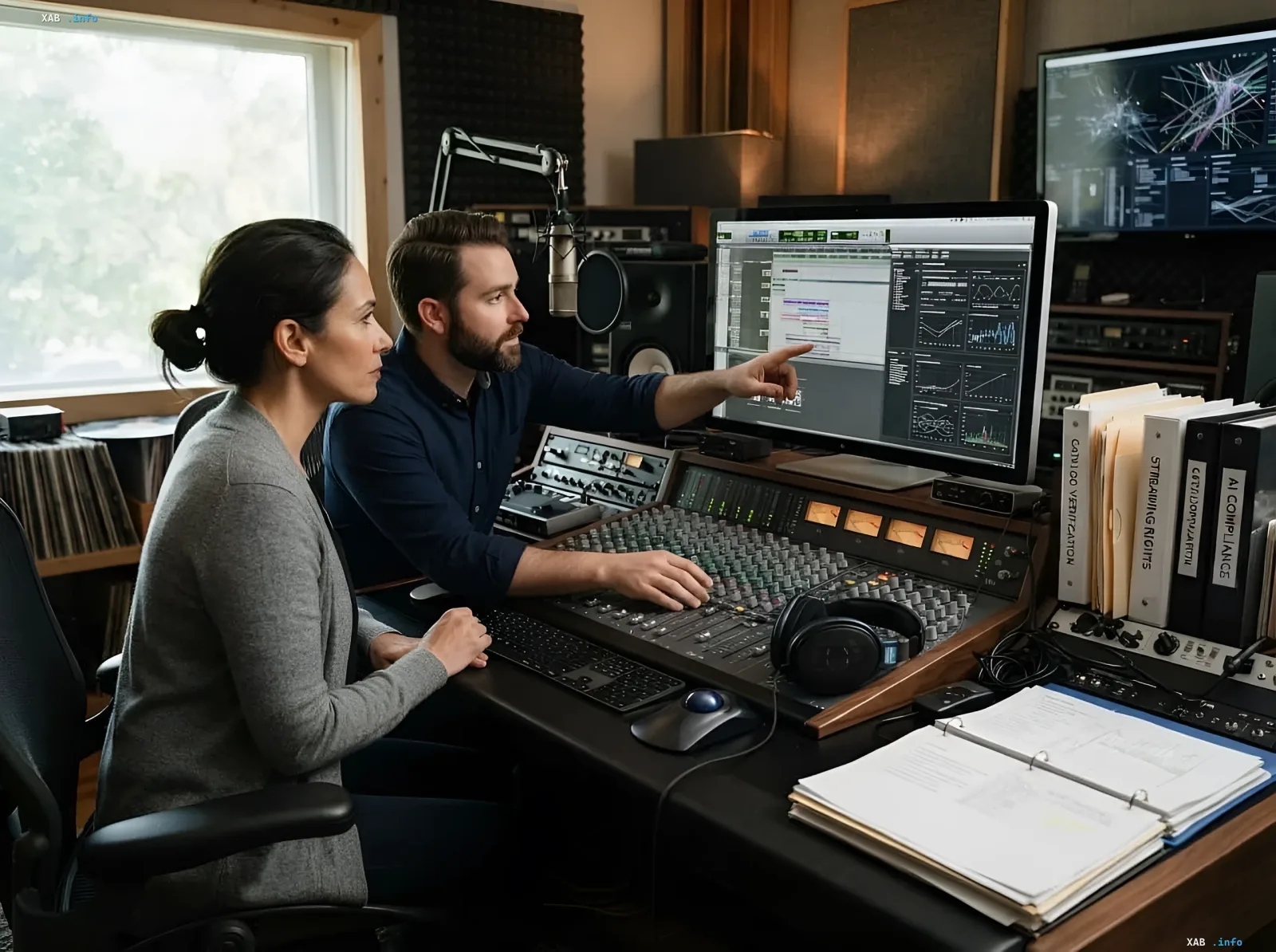 Audio engineers in a recording studio reviewing tracks on a computer — context for the news on mandatory AI music labeling in Apple Music