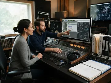 Tonmeister in einem Tonstudio arbeiten an Tracks am Computer – Kontext zur Meldung über die Pflichtkennzeichnung von KI-Musik in Apple Music