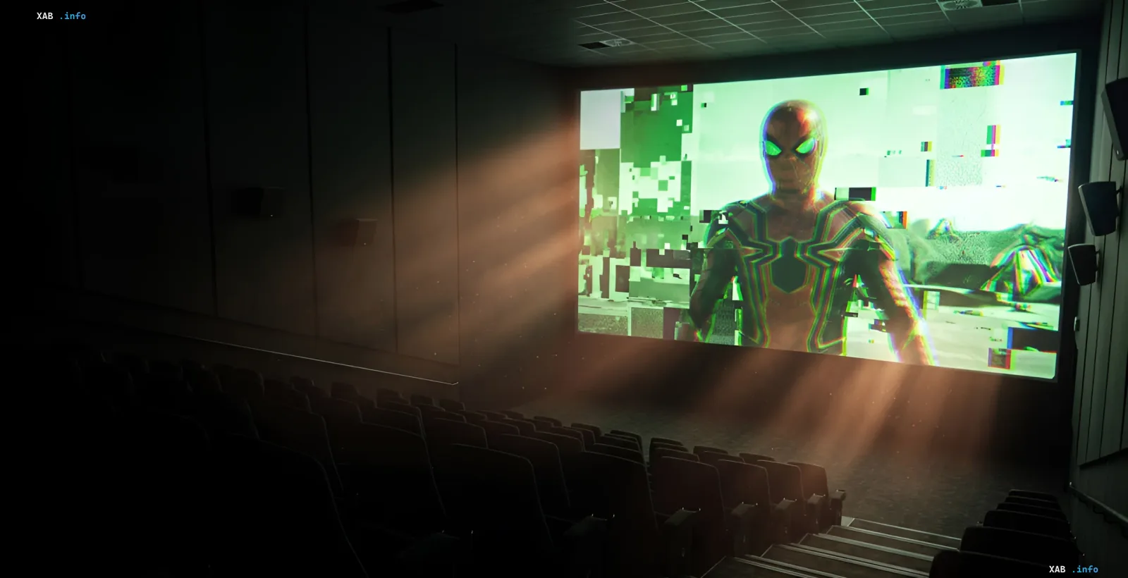 DCP copy projection glitches in Spider-Man: New Day: pixelated artifacts and color distortion on a dark cinema screen