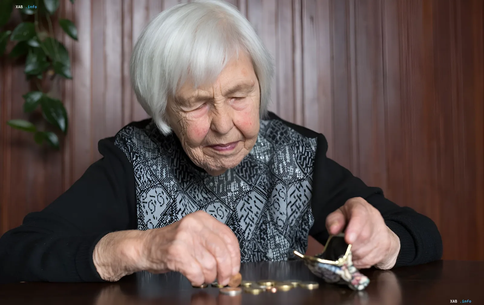 Elderly pensioner counting coins on a table, illustrating the 1038 hryvnia supplement for single pensioners over 80 in Ukraine