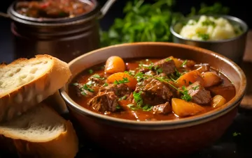 Ukrainian goulash: braised beef with potatoes in a rich sauce garnished with fresh parsley, slices of crusty bread and mashed potatoes — a regional dish for Ukraine's gastronomic passport