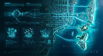 GTA 6 leak: digital map of Leonida state with neon routes, Zombix drug molecular model and honor system network in a futuristic HUD interface