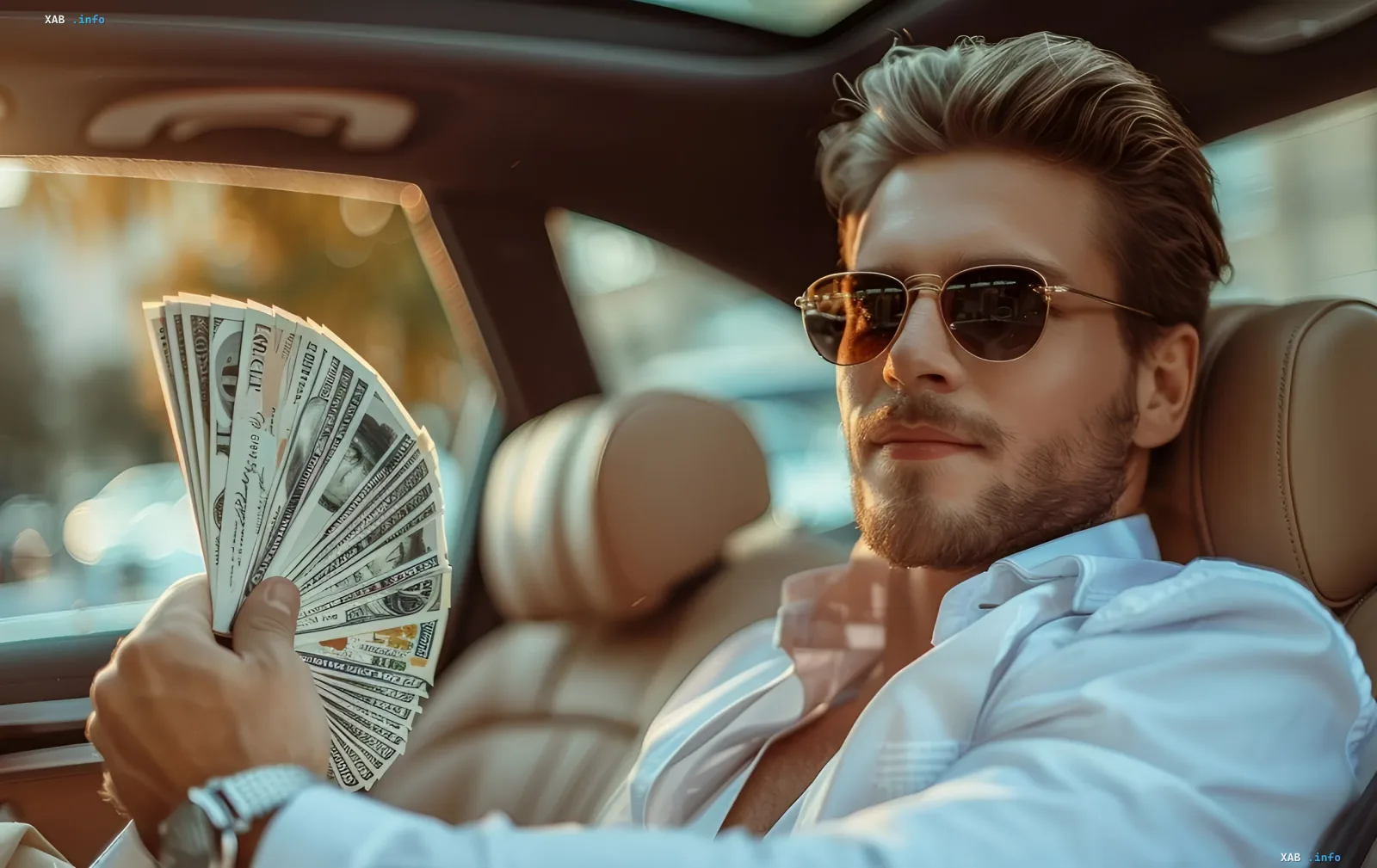 Ein selbstbewusster Mann in Sonnenbrille hält einen Fächer aus Dollar-Banknoten im Autositz, was den esoterischen Zusammenhang zwischen männlichem Vornamen und finanziellem Wohlstand und Erfolg veranschaulicht