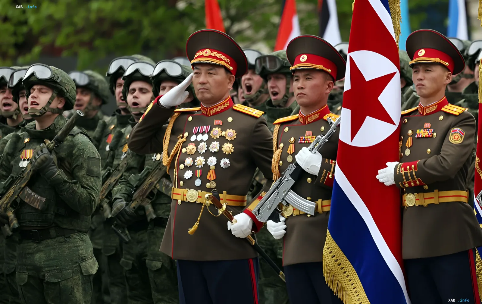 North Korean soldiers in ceremonial uniform against a backdrop of camouflaged troops — a new drone operator unit sent to Russia, total military count reaches 8,500