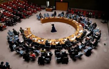 Заседание Совета Безопасности ООН по ситуации вокруг войны в Украине в зале заседаний