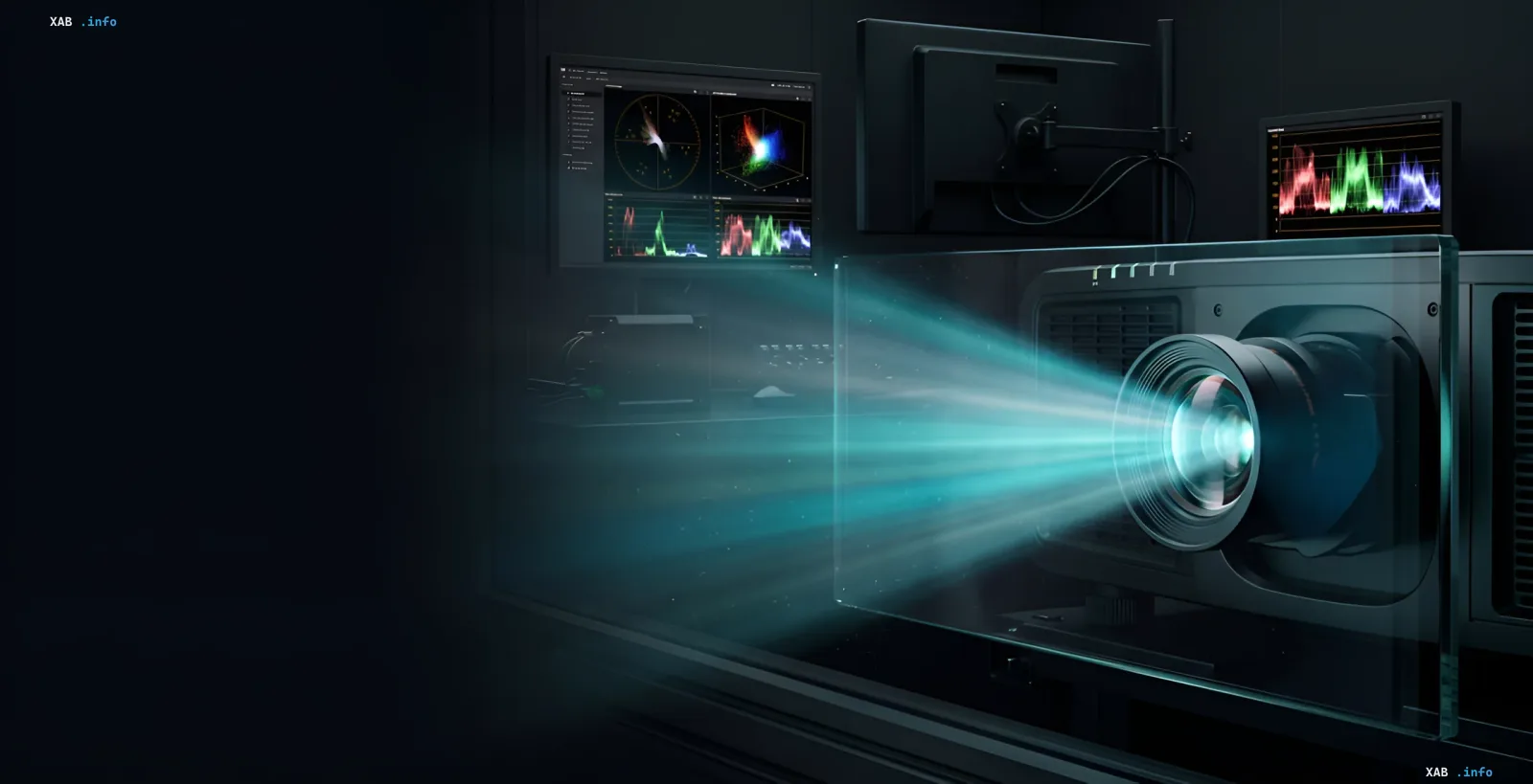 DCI-P3 mastering suite: projector beam and RGB waveform monitors during color calibration of the new Spider-Man