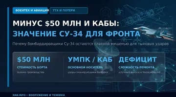 Infographic on the Su-34 frontline bomber: $50 million cost, KAB carrier role, and production deficit