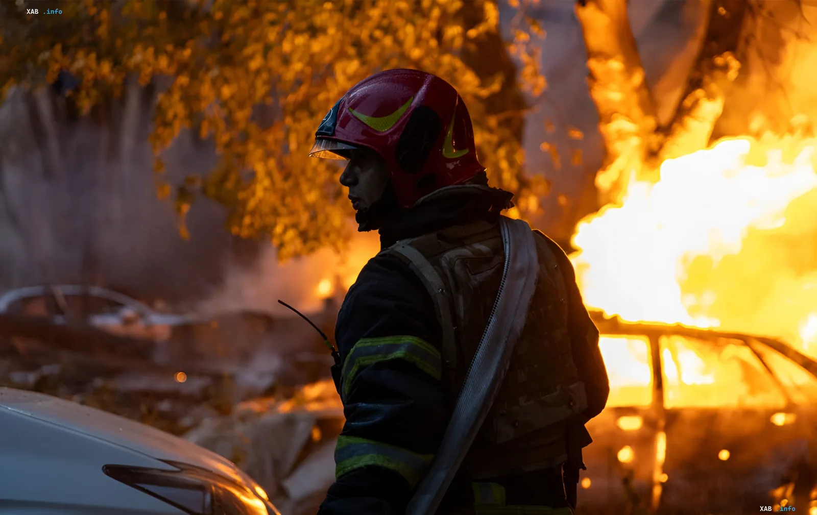 Firefighter in front of a burning car after the evening Russian missile strike on Mykolaiv Oblast