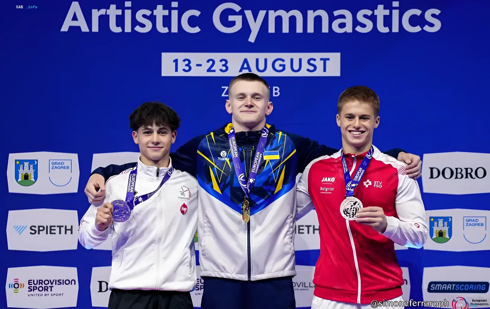 Украинский юниорский гимнаст с золотой медалью на пьедестале чемпионата Европы по спортивной гимнастике в Загребе 2024