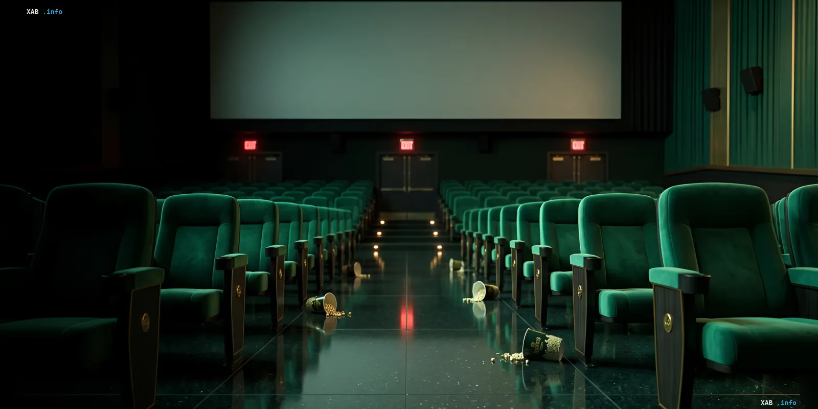 Empty movie theater with scattered popcorn and a blank screen illustrating the mass technical failure of a summer blockbuster screening