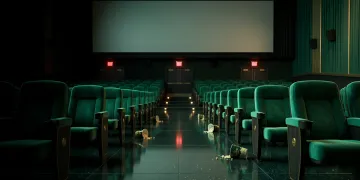 Empty movie theater with scattered popcorn and a blank screen illustrating the mass technical failure of a summer blockbuster screening