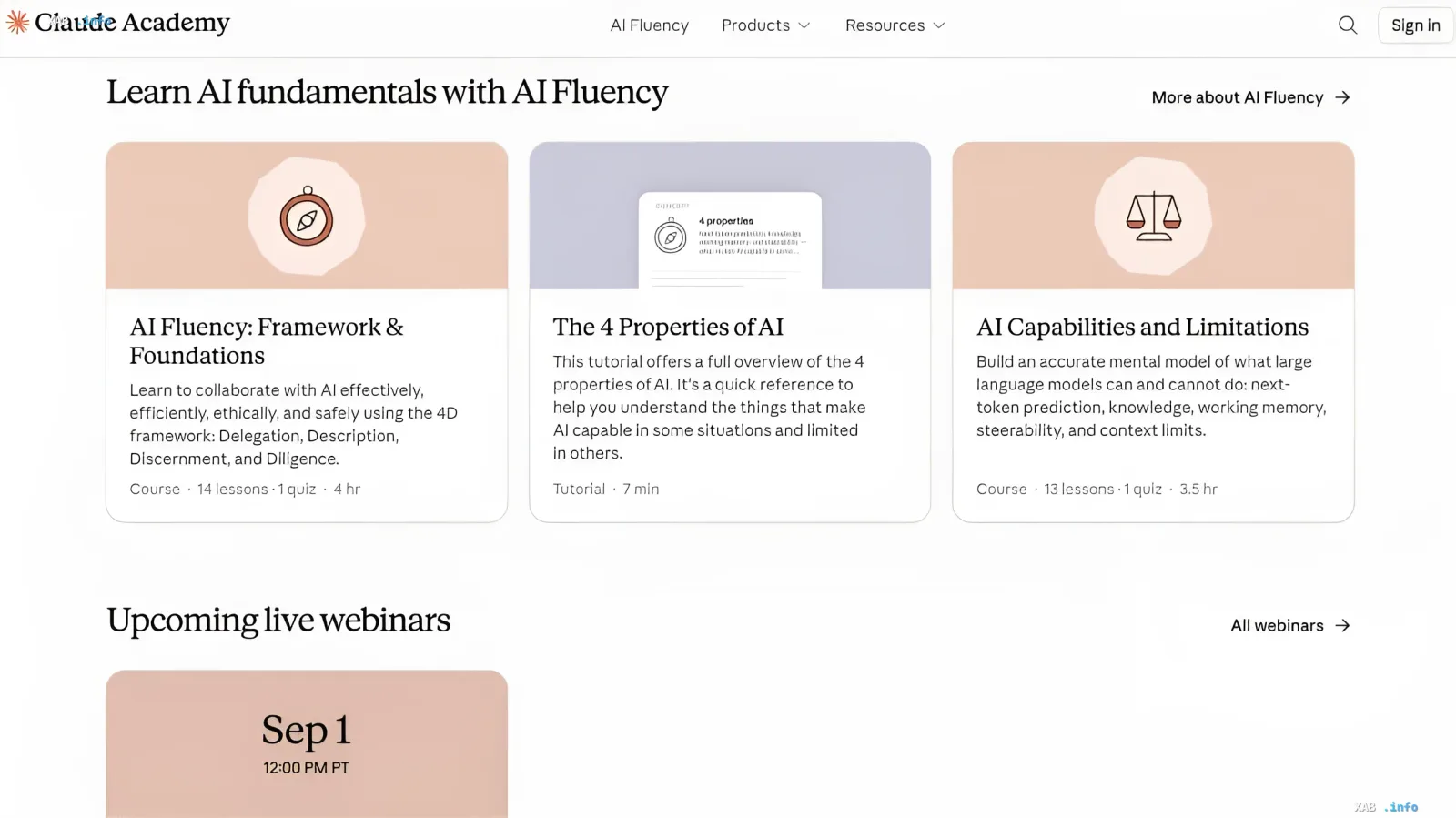 Claude Academy Plattform-Interface von Anthropic mit KI-Grundlagenkursen, einschließlich AI Fluency Framework und KI-Eigenschaften