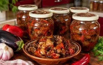 Баклажаны на зиму с помидорами и перцем: закатанные банки и свежая закуска в миске рядом с овощами