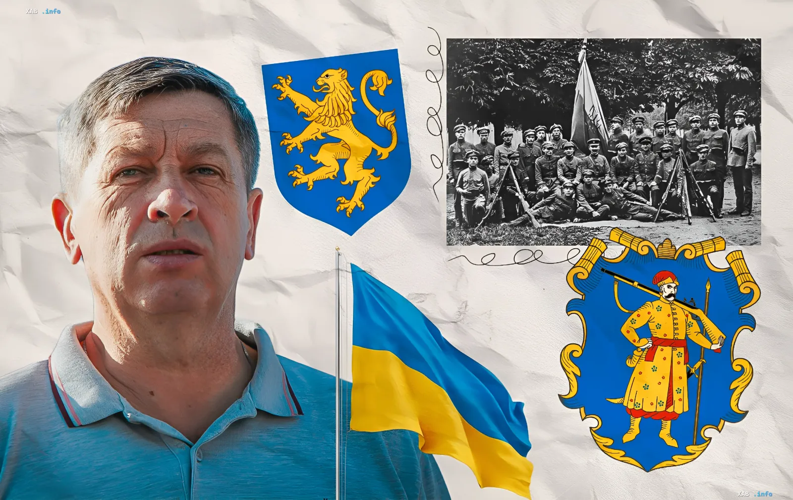Геральдист рассказывает об истории цвета украинского флага на фоне портрета, герба с козаком и исторических архивных снимков