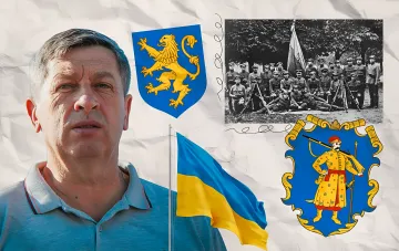 Геральдист рассказывает об истории цвета украинского флага на фоне портрета, герба с козаком и исторических архивных снимков