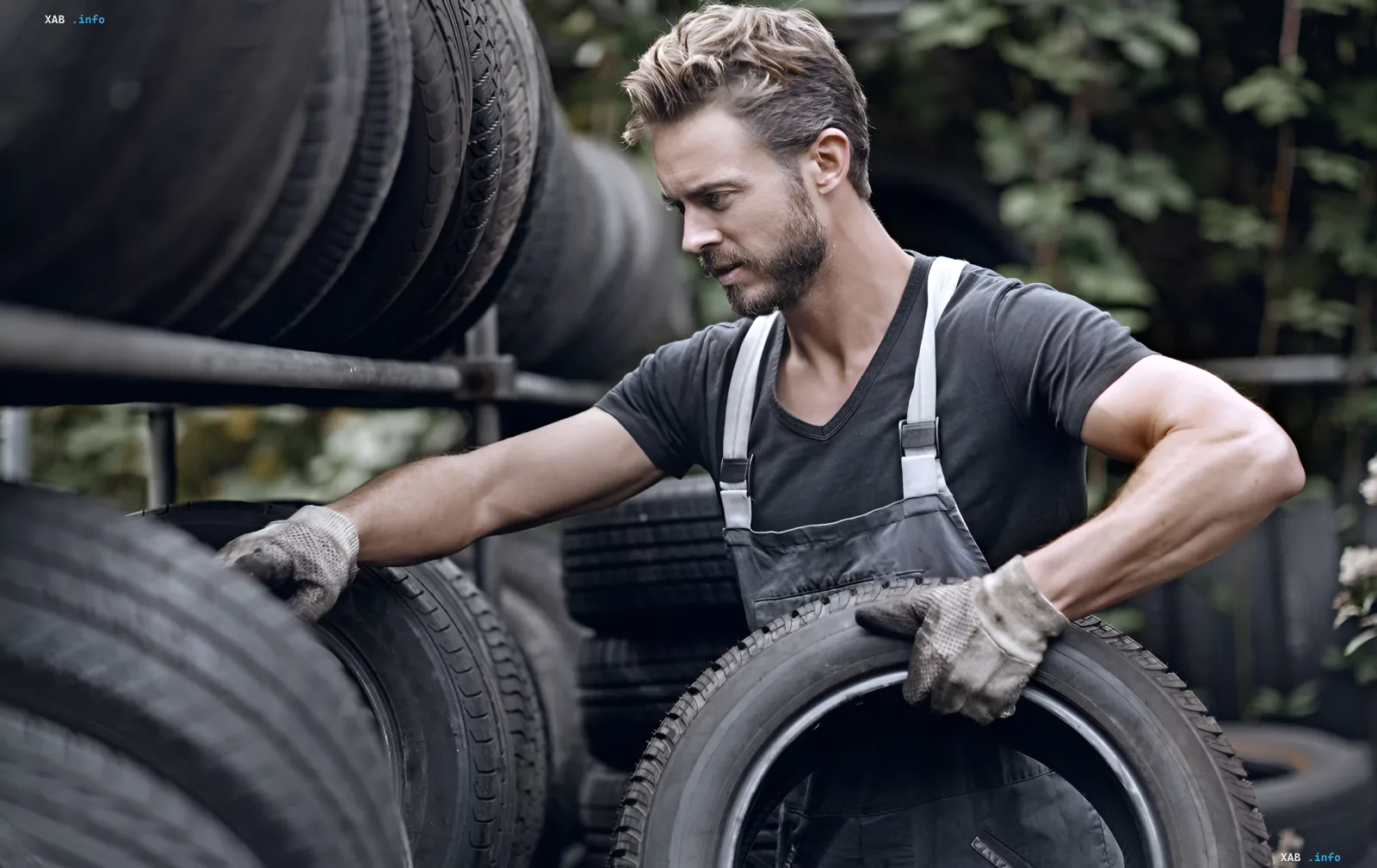 Tire service worker inspecting car tires at a warehouse, illustrating California's new tire energy efficiency standards
