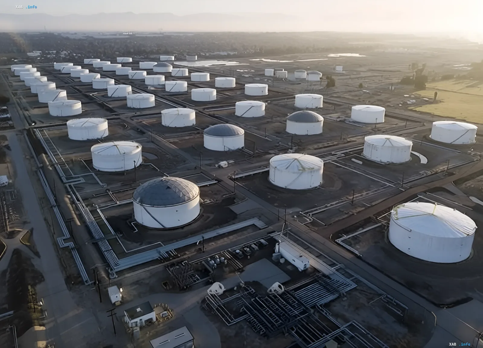 Аэросъёмка нефтяного хранилища с рядами резервуаров для хранения нефти на фоне угрозы энергетической безопасности из-за Ормузского пролива