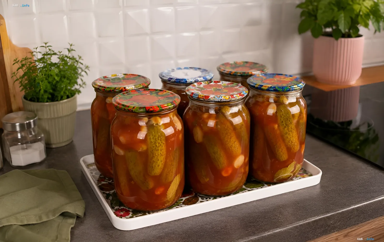 Банки с маринованными огурцами в кетчупе чили на зиму по рецепту Виктории Козиной на кухонном подносе