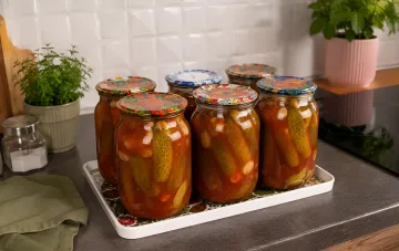 Банки с маринованными огурцами в кетчупе чили на зиму по рецепту Виктории Козиной на кухонном подносе